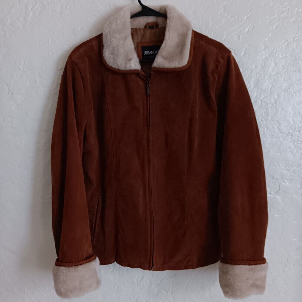 Juliano Celini Suede Leather Jacket Sz XL Cognac Brown Faux Fur Collar Cuffs Y2k
